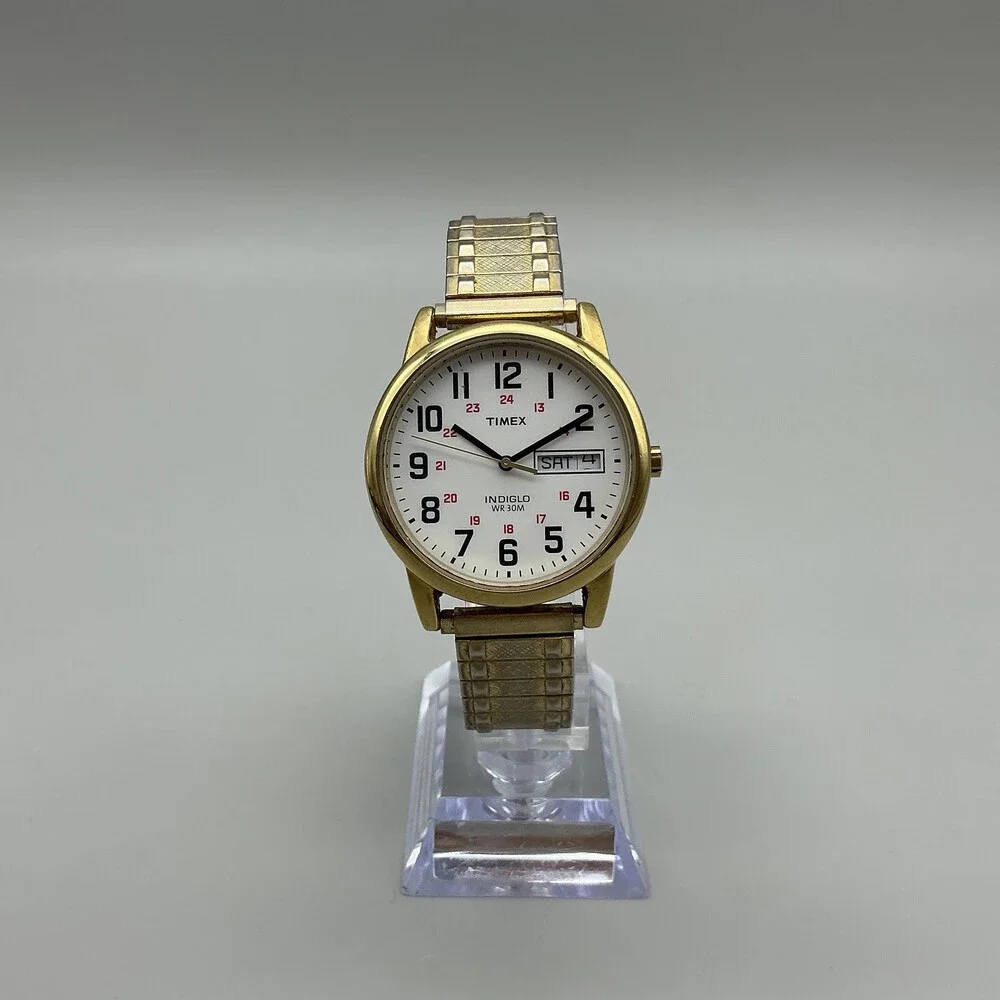 Timex Easy Reader Indiglo Mens Watch 35mml Gold Tone Day Date New Battery